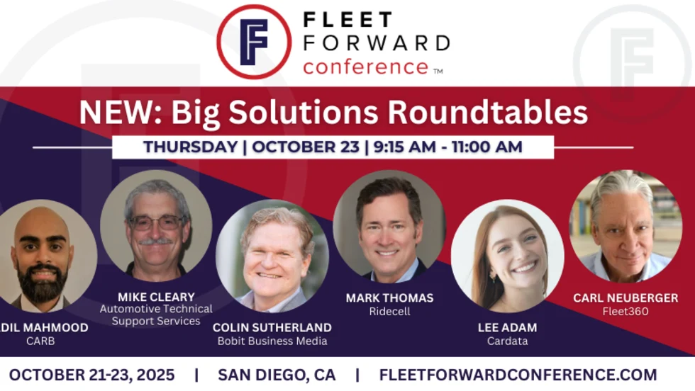 A Fleet Forward graphic listing all of the moderators for a roundtable discussion. 