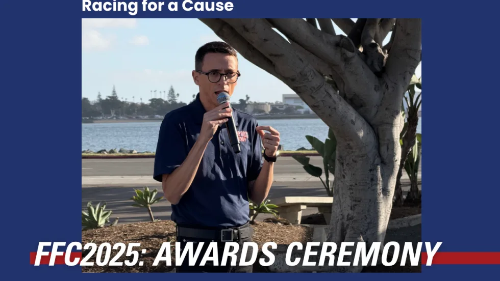 A Fleet Forward Conference graphic highlighting this year's Soap Box derby challenge between Chris Brown and Lauren Fletcher. Image of Dan VanFossen introducing the award.
