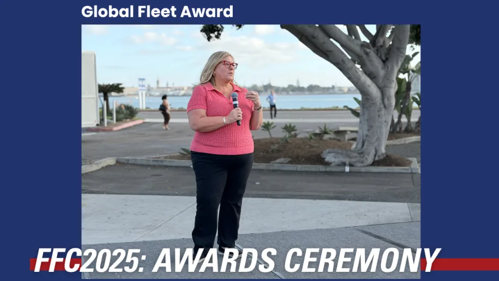 A Fleet Forward graphic highlighting Kimberly Fisher's acceptance of the Global Fleet Award at the 2025 Fleet Forward Conference.
