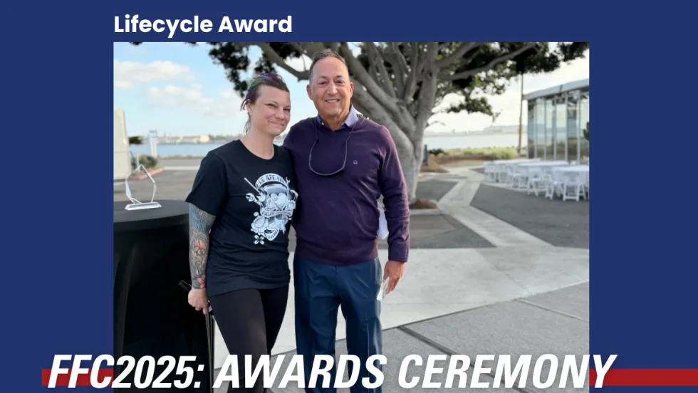 A Fleet Forward graphic highlighting Bobit's Lifecycle award; Rob Minton and Lauren Fletcher pose at this year's award ceremony in San Diego.