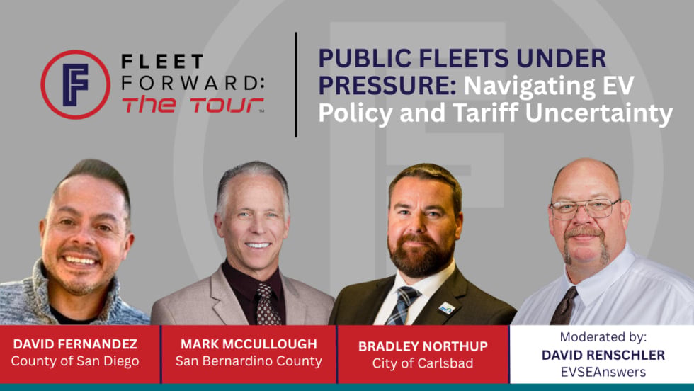 Pictures of David Renschler, EVSEAnswers; Bradley Northup, City of Carlsbad; David Fernandez, County of San Diego; and Mark McCullough, of San Bernadino County, on a graphic about Fleet Forward.