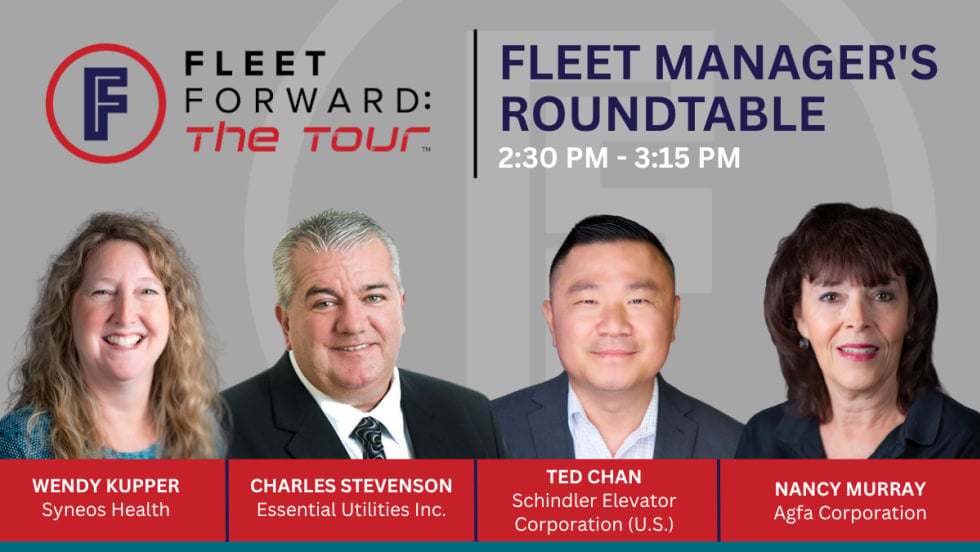 l graphic for the Fleet Forward: The Tour event, highlighting the Fleet Manager’s Roundtable session featuring panelists Wendy Kupper, Charles Stevenson, Ted Chan, and Nancy Murray.