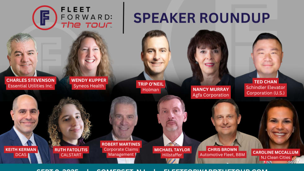 Graphic promoting Fleet Forward: The Tour speaker roundup, featuring headshots of 10 confirmed speakers with their names and companies, scheduled for September 9, 2025, in Somerset, NJ.