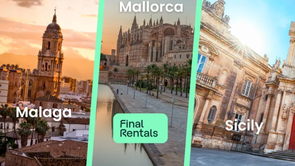 Iconic collage with scenes of Malaga, Mallorca, and Sicily.
