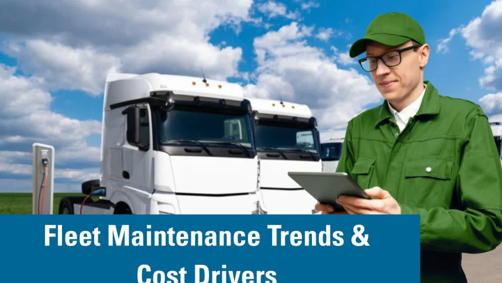 A fleet maintenance graphic with a man on the right side holding a clipboard.