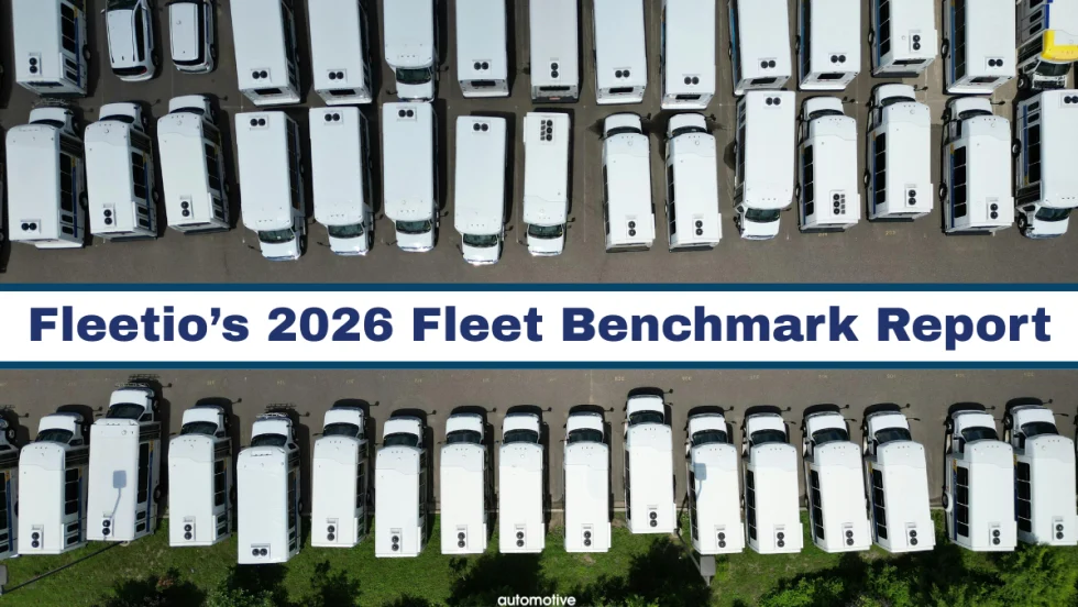 A white fleet of vans are parked across from each other with text in between them in the center of the page. 