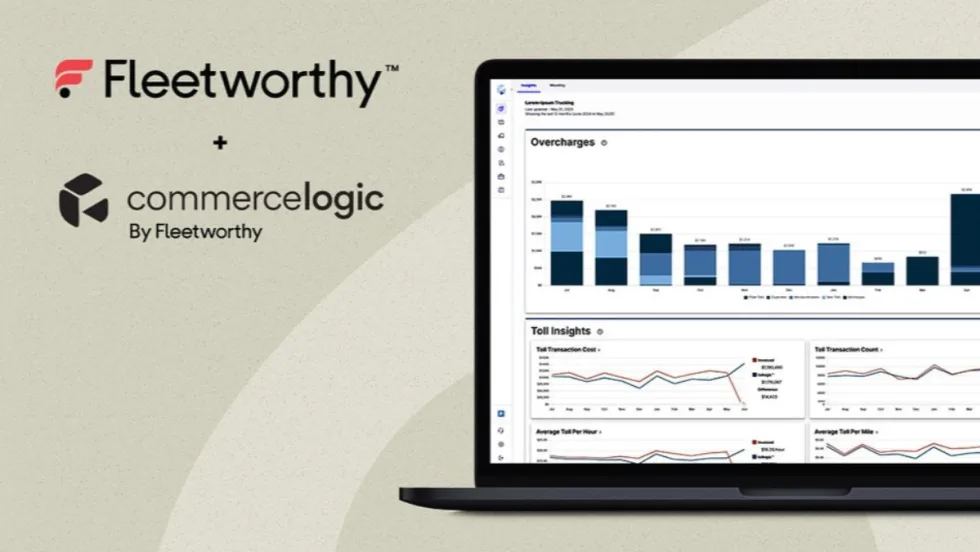 Fleetworthy and Commercelogic by Fleetworthy logos on the left, alongside a laptop displaying fleet management dashboard charts including overcharges, toll insights, and transaction data visualization