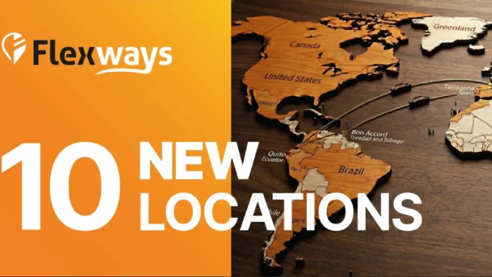 A world map with Flexways logo and new locations headline.