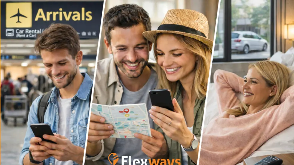 Joyful travelers looking at the customer service on their phones.