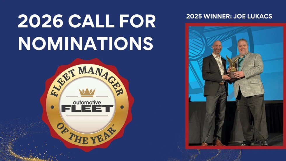 Graphic promoting 2026 nominations for the Automotive Fleet Manager of the Year Award, featuring a badge and a photo of the 2025 winner receiving the honor on stage.