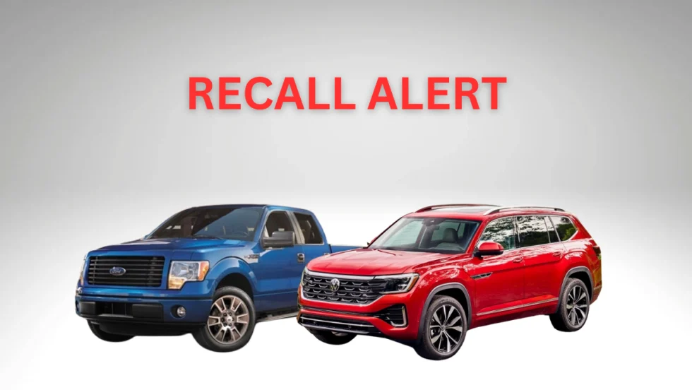 A blue 2014 Ford F-150 is situated next to a red 2024 Volkswagen Atlas.