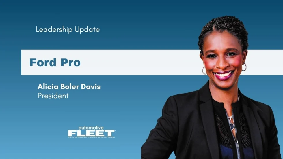 A blue graphic acts as a background for a headshot of Alicia Davis, Ford Pro's new president. The phrase "Leadership Update" sits above her name.