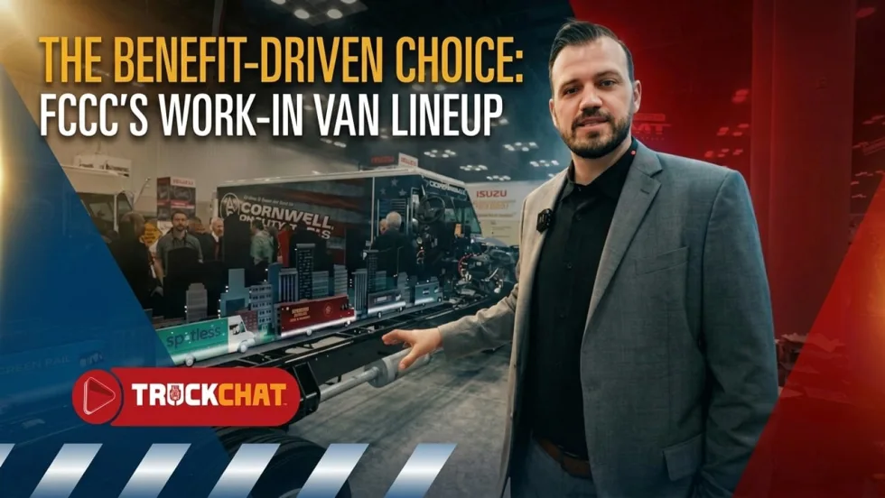 Chris Wolfe presents Freightliner Custom Chassis MT lineup at Work Truck Week 2026, featuring work-in van designs, mobile tool trucks, and utility workspace applications.