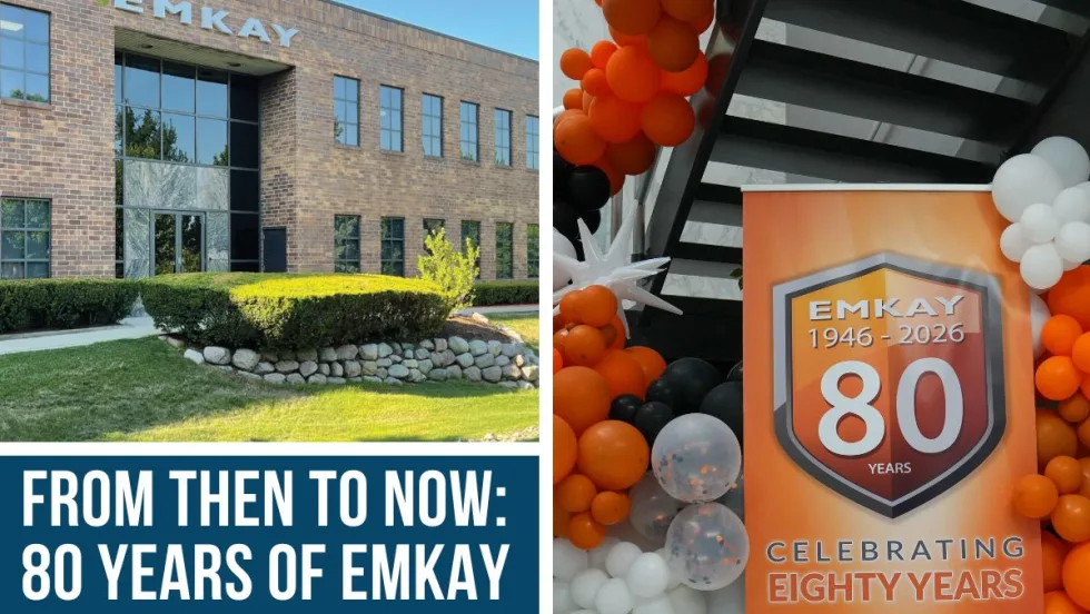 Graphic featuring EMKAY headquarters and 80th anniversary display with text reading “From Then to Now: 80 Years of EMKAY.”