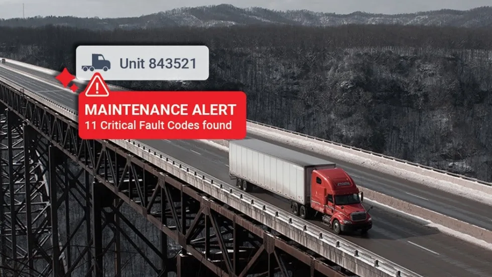 Semi-truck on highway with digital maintenance alert overlay, illustrating AI-driven predictive maintenance, fault detection, and fleet management technology.
