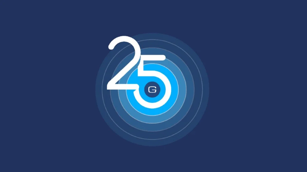 Stylized number 25 in white over a series of concentric blue circles with a small 'G' in the center, set against a dark blue background.