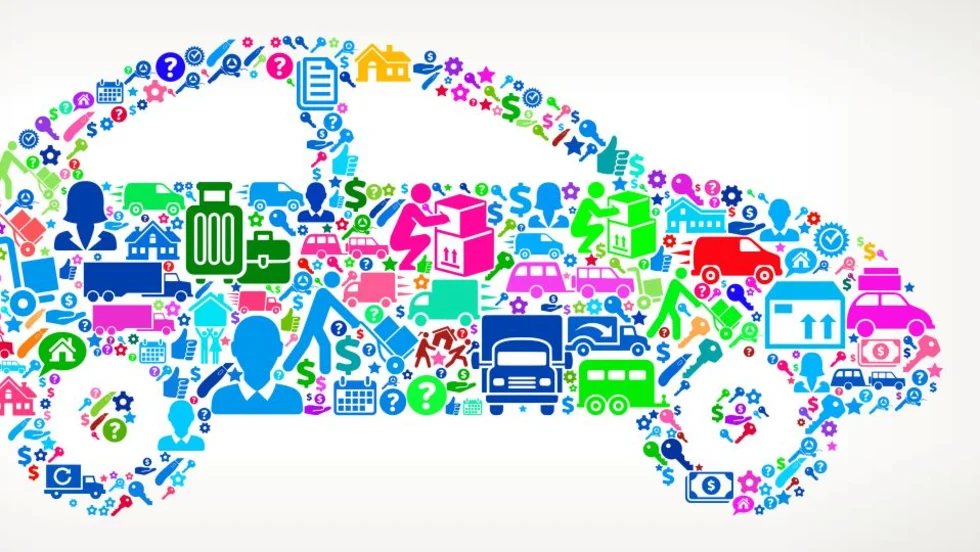 Illustration of a car with work icons forming the car. 