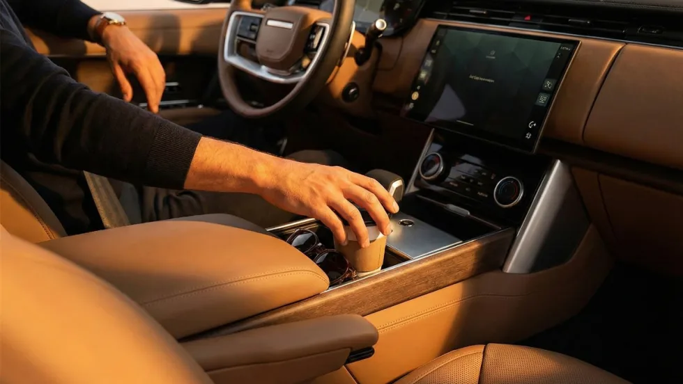 A driver seated in a luxury vehicle with leather surroundings and placing a coffee cup into the center console cup holder. 