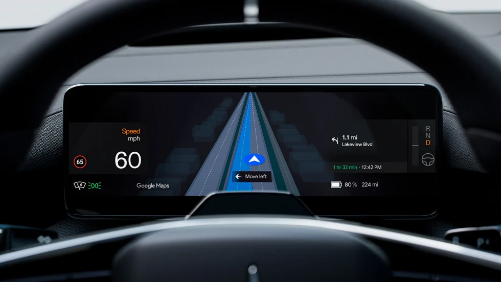 Polestar 4 uses the new Google Maps' new live lane guidance, set behind a steering wheel.