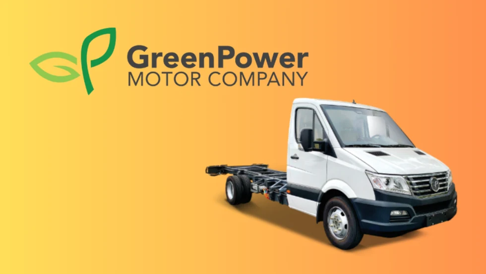 An orange GreenPower motor company graphic with a chassis in the bottom right corner.