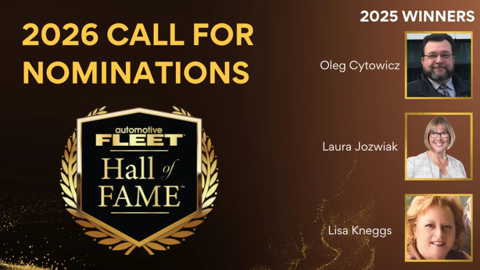 Graphic announcing 2026 Automotive Fleet Hall of Fame nominations with gold emblem and photos of 2025 winners Oleg Cytowicz, Laura Jozwiak, and Lisa Kneggs on a dark background.
