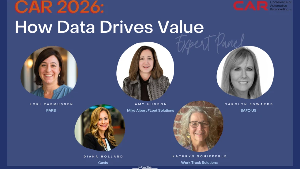 Promotional graphic for CAR 2026 panel on data-driven value in commercial vehicles, featuring five industry experts and session details for April 16 in Cleveland.