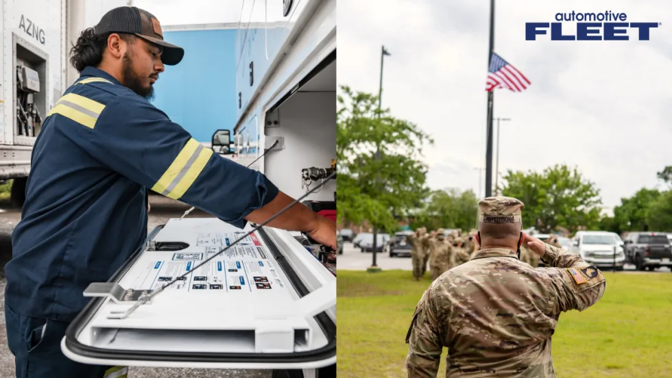 A Cox Fleet technician working on the left with the rear view of a military man saluting a flag on the right