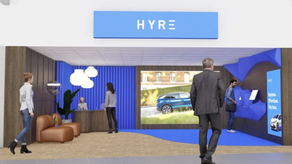 A schematic illustration of travelers visiting Hyre's rental car outlet at the Oslo airport in Norway.