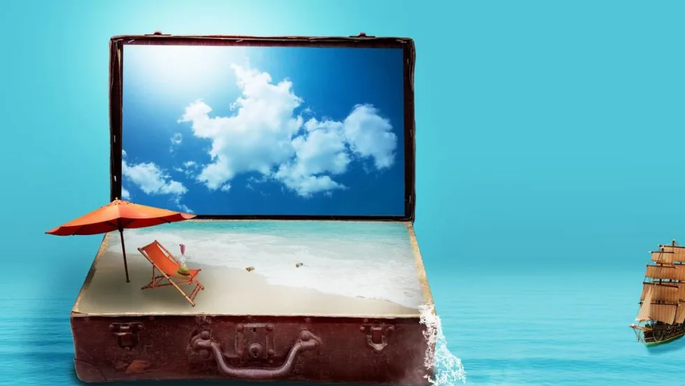 Illustration of a suitcase laptop floating on a sea with a beach chair and orange umbrella on top of it.