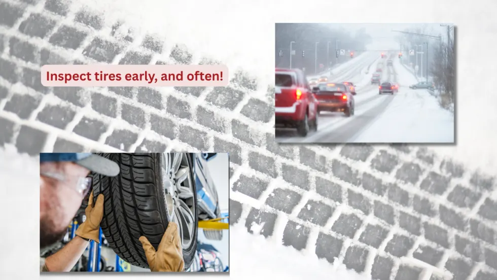 Photo of tire tracks and winter scenes.