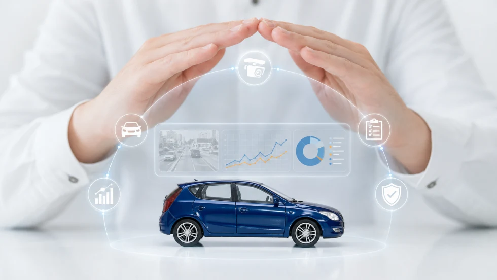 hands covering toy car with digital widgets surrounding it