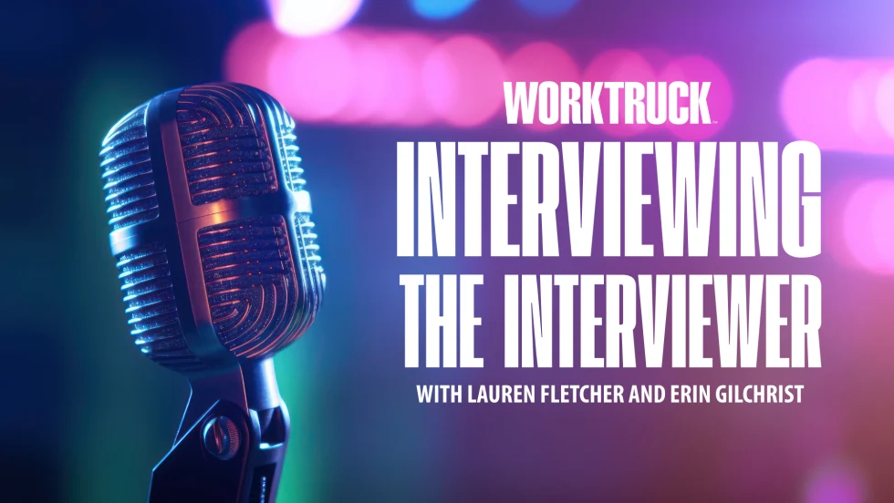 Work Truck, Interviewing the Interviewer with Lauren Fletcher and Erin Gilchrist, pink colors with a podcast mic