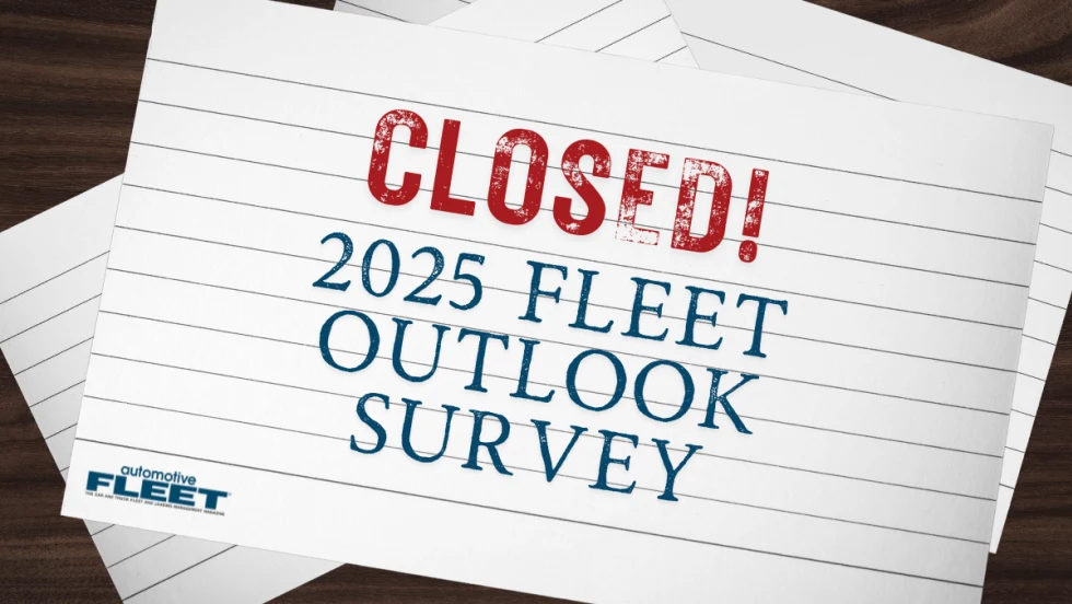 A graphic with pieces of paper on a table with text reading "Closed! 2025 Fleet Outlook Survey".