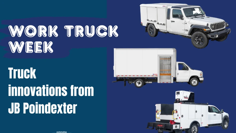Graphic for Work Truck Week featuring work trucks from J.B. Poindexter brands, including a Jeep Gladiator-based Morgan Olson Kestrel, a Morgan box truck, and a Reading Truck service body.