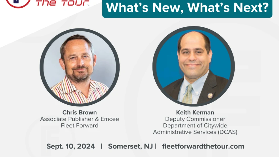 A white graphic with professional portraits of two hosts for Fleet Forward: the Tour.