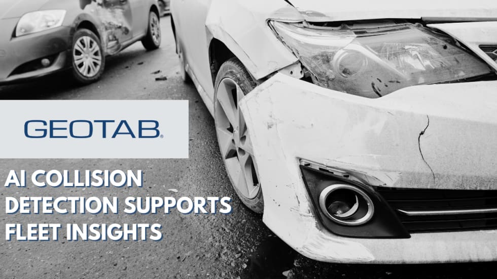 An image post car collision with the Geotab logo and the title "AI Collision Detection Supports Fleet Insights".