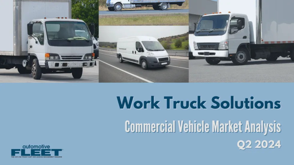 A blue graphic with work trucks and vans collage together. Text describes the market analysis by Work Truck Solutions.
