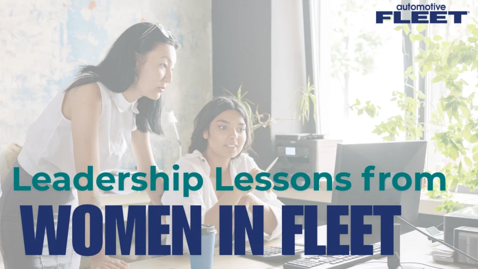 A graphic with two women looking at a computer screen represents the celebration of International Women's Day on March 8 for fleet leaders.