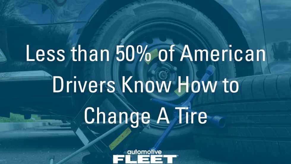 A picture of a flat tire with the text "Less than 50% of American Drivers Know How to Change A Tire" overlay.