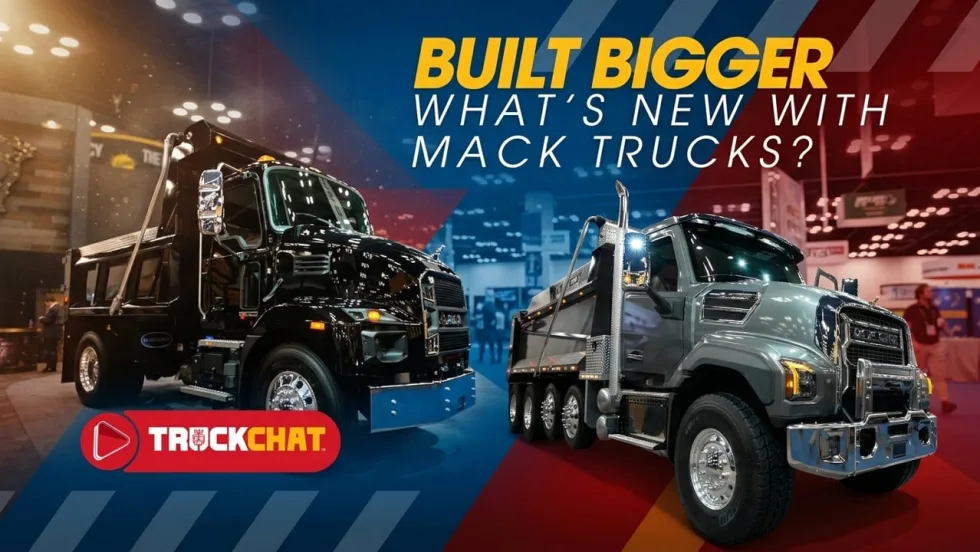 Mack Granite and Mack MD trucks on display at Work Truck Week 2026 with bold “Built Bigger” graphic, showcasing new design, safety tech, and performance upgrades.