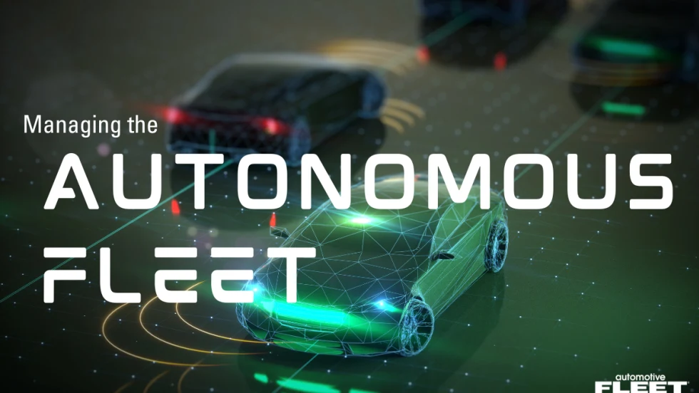Digital illustration of autonomous vehicles connected by data networks, representing fleet management technology, AI-driven driving systems, and connected mobility in commercial fleets.
