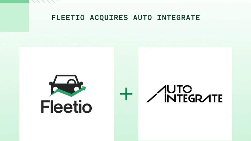 A green and white graphic with text reading "Fleetio Acquires Auto Integrate" with respective company logos.