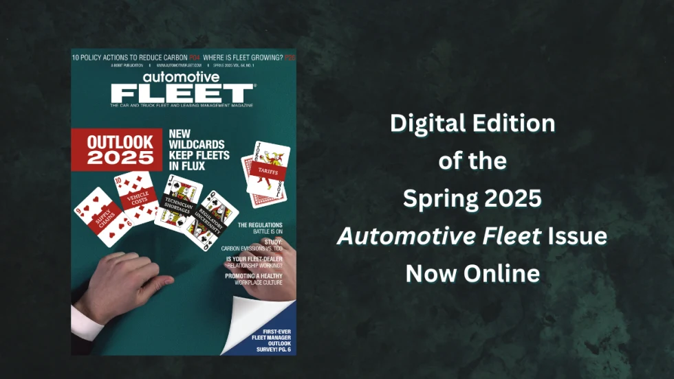 A green graphic with a magazine cover image from the Automotive Fleet Spring 2025 issue and text announcing it is now online.