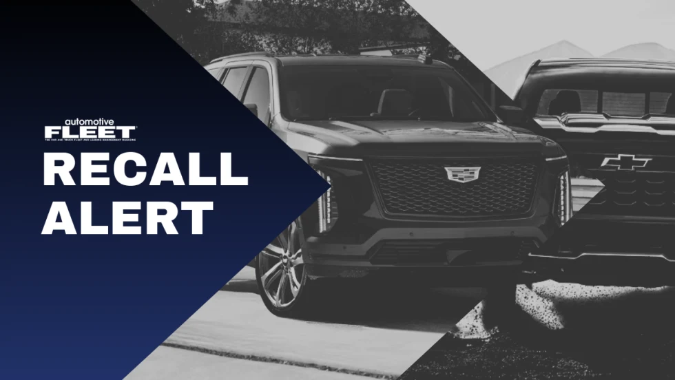 A blue, white, and black graphic with images of a Cadillac Escalade and Chevrolet Silverado 1500 and text reading "RECALL ALERT".