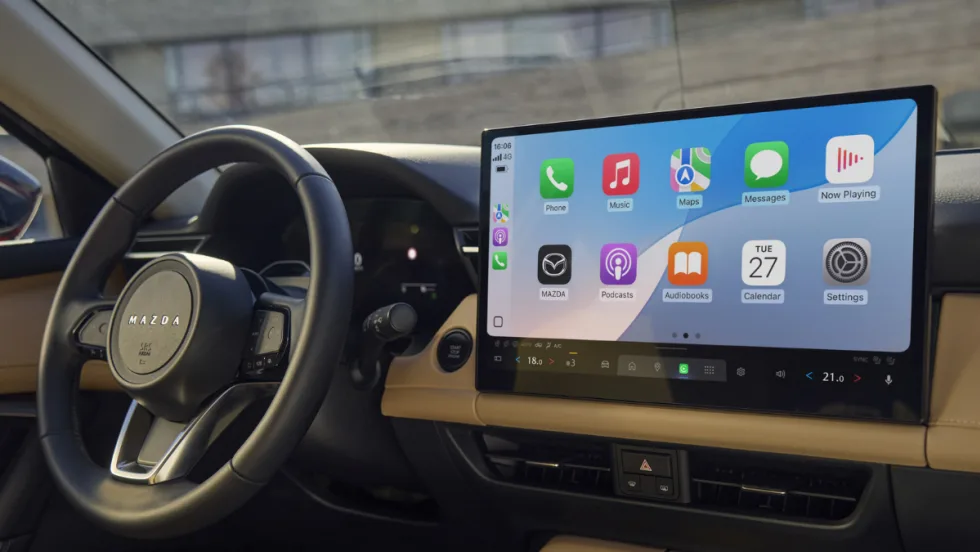 An internal view of the 19-inch screen inside of a 2026 Mazda CX-9.