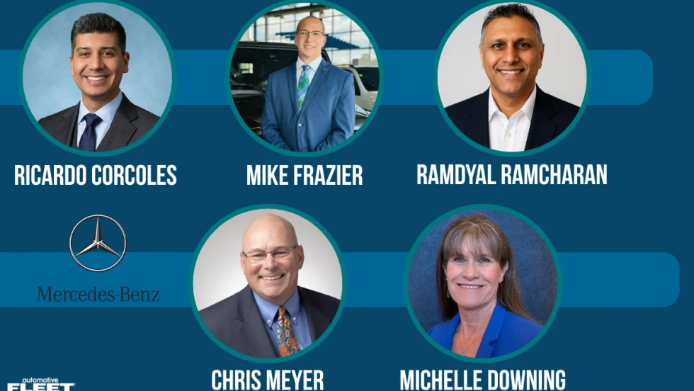 Graphic with headshots of Mercedes-Benz fleet leaders Ricardo Corcoles, Mike Frazier, Ramdyal Ramcharan, Chris Meyer, and Michelle Downing as part of the company’s new fleet business development team.