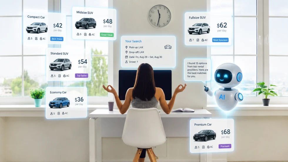 Woman receiving car rental rates on computer from AI agent
