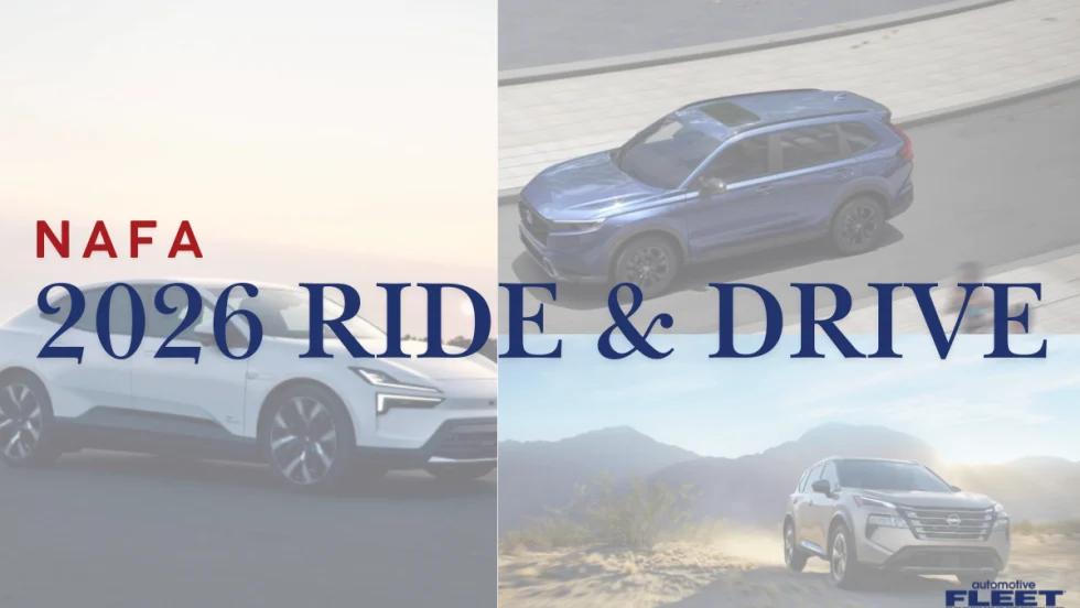 Graphic showing multiple vehicles driving, promoting NAFA I&E 2026 Ride and Drive Experience in Cleveland where attendees test new fleet vehicles, EVs, and technologies.