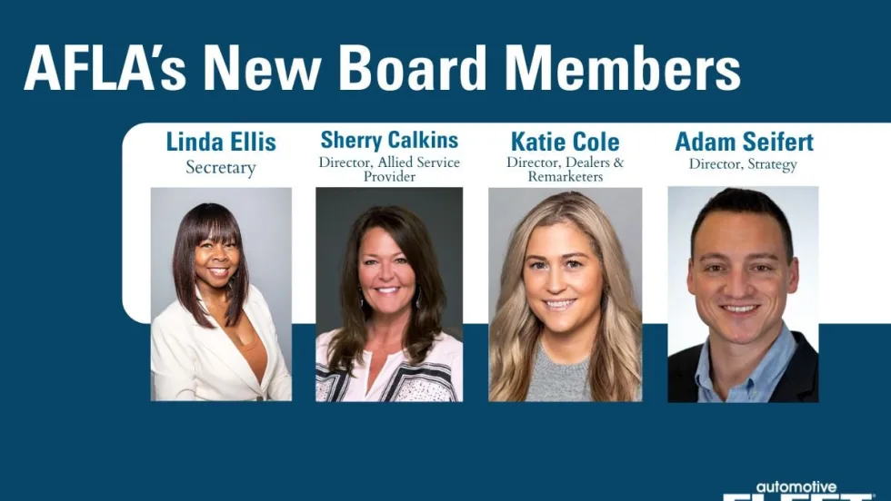 Headshots of AFLA's newly appointed board members: Linda Ellis (Secretary), Sherry Calkins (Director, Allied Service Provider), Katie Cole (Director, Dealers & Remarketers), and Adam Seifert(Director)
