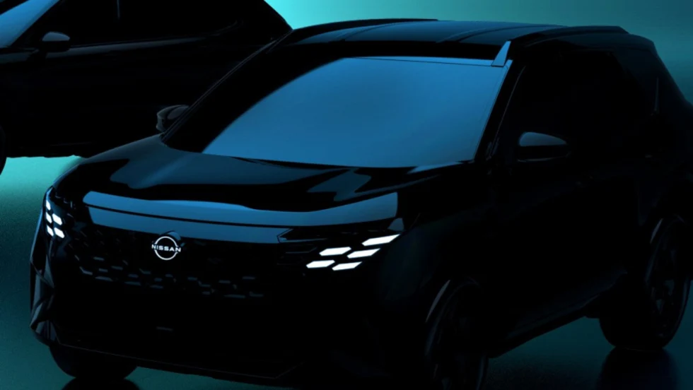 Teaser image of 2027 Nissan Rogue Hybrid e-POWER, a dark SUV with LED lighting, representing Nissan’s new series hybrid with dual-motor AWD and no plug-in charging.